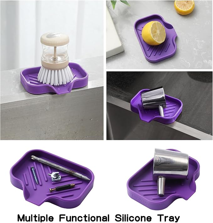 Silicone Bathroom Soap Dishes with Drain Spout-Bathroom and Kitchen Sink Organizer,Sponge Holder,Dish Soap Tray,Perfect for Dispenser,Scrubber,Bottle,Cup on Sink or Counter-Purple 4.9"×3.2"