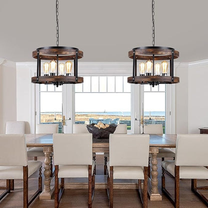 4-Light Large Rustic Farmhouse Wood Pendant Light Fixture with Adjustable Chain, 16.5 inch Oak Wood Drum Chandelier for Dining Room Kitchen Island Farmhouse Living Room Hallway, Black