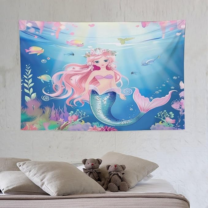 HZOHNAGO Mermaid Girls Tapestry Watercolor Mermaid Princess Pattern Printed Wall Tapestry Wall Hanging for Bedroom Living Room Dorm 60" W x 40" H