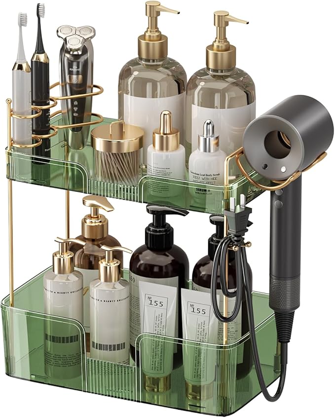 Bathroom Counter Organizer with Hair Dryer Holder, Hair Tool Countertop Storage, Cosmetics Skincare Shelf Organizer, Makeup Organizer Perfume for Dresser Vanity Tray(2 Tier-Green)