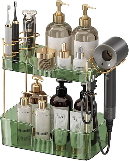Bathroom Counter Organizer with Hair Dryer Holder, Hair Tool Countertop Storage, Cosmetics Skincare Shelf Organizer, Makeup Organizer Perfume for Dresser Vanity Tray(2 Tier-Green)