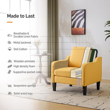 VINGLI Accent Chair for Living Room Chairs Yellow Reading Chair for Bedroom Scooped Arm Chair Mid Century Modern Accent Chairs Upholstered Comfy Chair for Apartment, Waiting Room