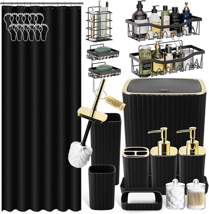 28PC Bathroom Set- Gorgeous Black Bathroom Set, Bathroom Accessory Set, Black Shower Curtain Set with 5PC Adhesive Corner Shower Caddy Hanging