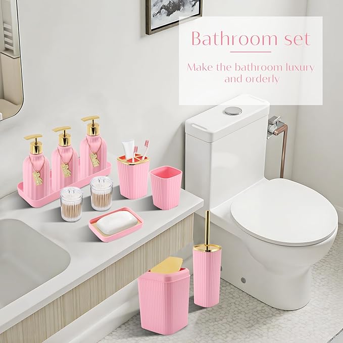 17PCS Bathroom Accessory Set Pink Bathroom Set Bathroom Accessories,Toilet Brush, Trash Can, Qtip Holder Dispenser& 3PCS Soap Dispenser