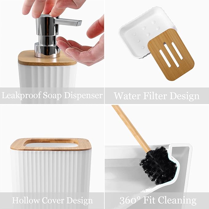 Bathroom Accessory Set, 9-Piece White Bathroom Set with Trash Can, Tray, Soap Dispenser, Toothbrush Holder, Toothbrush Cup, Soap Dish, Toilet Brush and Q-tip Holders for Bathroom/Housewarming