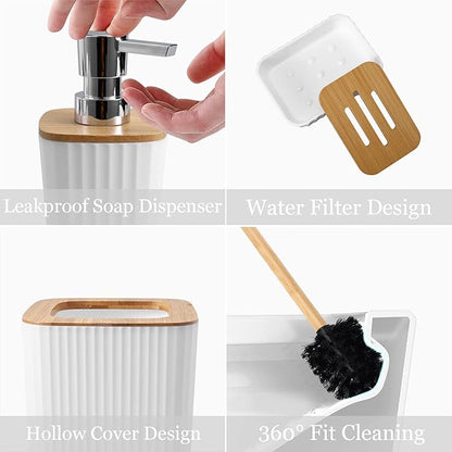 Bathroom Accessory Set, 9-Piece White Bathroom Set with Trash Can, Tray, Soap Dispenser, Toothbrush Holder, Toothbrush Cup, Soap Dish, Toilet Brush and Q-tip Holders for Bathroom/Housewarming