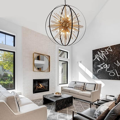 31.5" Black Gold 16-Light Globe Sputnik Chandelier Modern Industrial Adjustable Hanging Ceiling Firework Pendant Light Fixture for Entryway Foyer Stairway Bedroom Dining Living Room Hallway