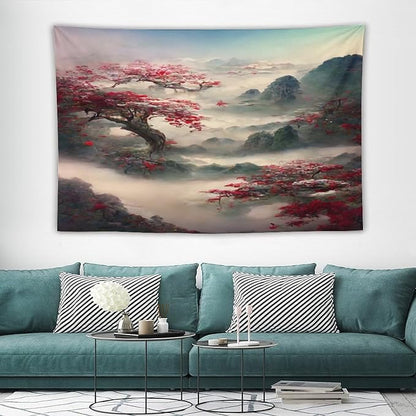 Japanese Tapestry, Red Plum Cherry Blossom Mountain, Asian Wall Art, Nature Landscape for Bedroom & Living Room Decor, 60"x40"