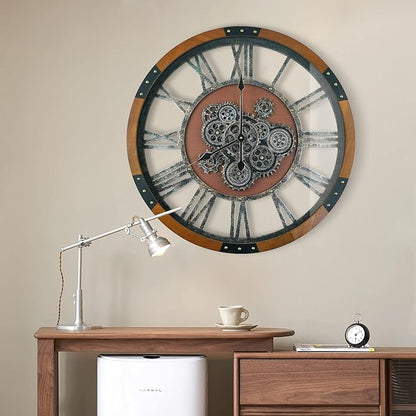 30 Inch Moving Gear Wall Clock, Oversized Wall Clocks, Clock Living Room Decor, Solid Wood Frame, Battery Operated, Large Wall Clock with Steampunk Industrial for Fireplace(Machilus)
