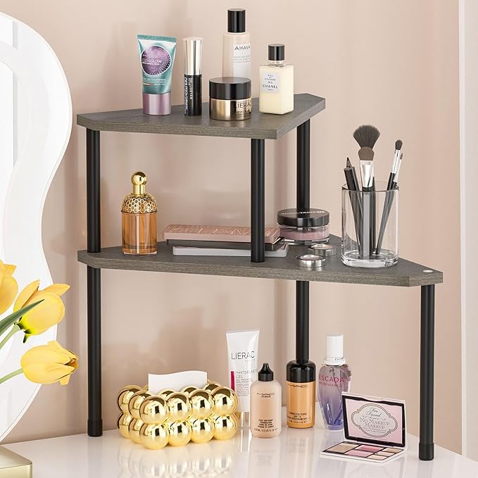 Weenson Bathroom Counter Organizer Over Sink Organizer for Toiletries, Makeup, Kitchen Countertop Organizer Spice Rack for Salt, 2-Tier Corner Counter Shelf for Coffee Area Storage(Rustic Grey)