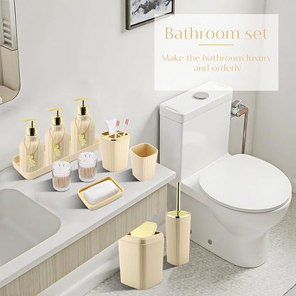 17PCS Bathroom Accessory Set Bathroom Set Beige Bathroom Accessories,Toilet Brush, Trash Can, Qtip Holder Dispenser& 3PCS Soap Dispenser