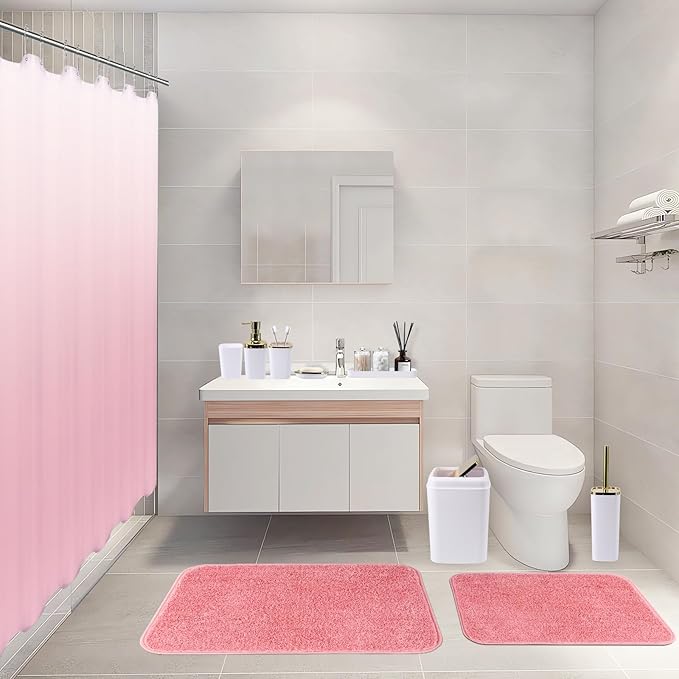 24Pcs White Bathroom Set with Shower Curtain and Rug and Accessories, White Bathroom Accessories with Trash Can,Soap Dispenser,Soap Dish,Toilet Brush,Toothbrush Holder and Cup,Q-Tip Holders