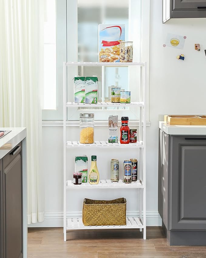 SONGMICS Bamboo Storage Shelf, 5-Tier Shelving Unit, Multifunctional, in The Entryway, Bathroom, Living Room, Balcony, Kitchen, 10.2 x 23.6 x 51.2 Inches, Cloud White UBCB35WT