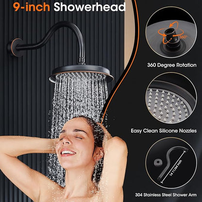 Rainfall Shower System 9 inch Antique Bathroom Luxury Rain Mixer Shower Combo Set with Vintage Handheld Shower Wall Mounted Shower Faucet Set Rough-in Valve and Trim Included Oil Rubbed Bronze