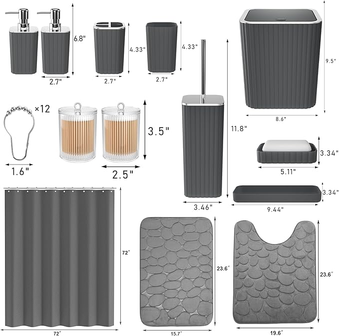 Bathroom Accessories Set- 25PC Grey Bathroom Set, Bathroom Set with Shower Curtain and Rugs, Shower Curtain Set, Toilet Brush, Trash Can, Qtip Holder Dispenser & Soap Dispenser