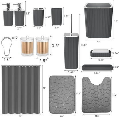 Bathroom Accessories Set- 25PC Grey Bathroom Set, Bathroom Set with Shower Curtain and Rugs, Shower Curtain Set, Toilet Brush, Trash Can, Qtip Holder Dispenser & Soap Dispenser