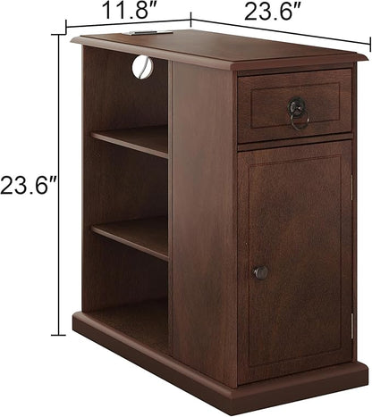 ChooChoo Farmhouse XXL End Table with Charging Station，Narrow Sofa Side Table with Adjustale Shelf, 3 Tier Rustic Night Stand for Small Place Living Room, Cherry Brown