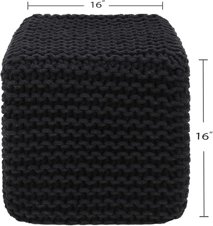 REDEARTH Cube Pouf Foot Stool Ottoman - Hand Knitted Poof - Cord Boho Pouffe - Home Décor - Stuffed Footrest for Living Room - Bedroom - Covered Patio (16" x 16" x 16") - Black