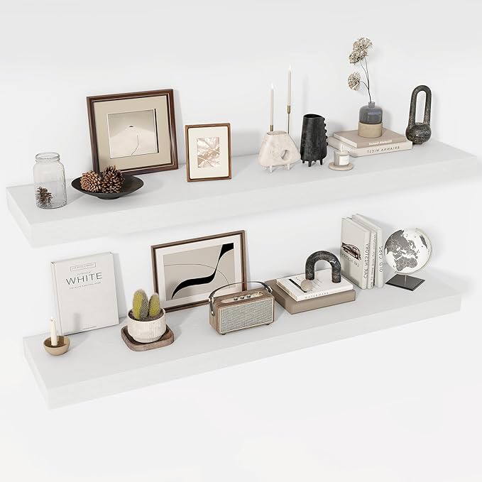 55 Inch Floating Shelves, 12" Deep Floating Shelf Wall Mounted, 55" Wall Shelves, Rustic Deep Bookshelf, Extra Deeper & Thicker Display Shelves for Bedroom, Living Room, White, Set of 2