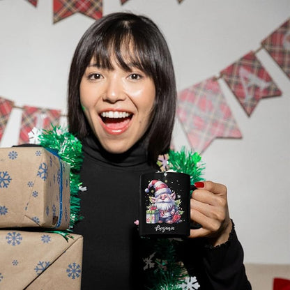 Cute Gnome And Gifts Design Mug, Customized Christmas Gnome Black Cup 11oz 15oz, Gnome Lover Coffee Mug With Custom Name, Gift For Children, Personalized Xmas Gnome Ceramic Cup