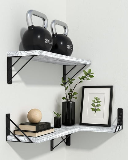 BAYKA Wall Shelves for Bedroom Decor, Floating Wall Shelves for Living Room Kitchen Storage, Wall Mounted Rustic Wood Floating Shelves for Kids Books,Corner Shelves for Bathroom(White，Set of 3)