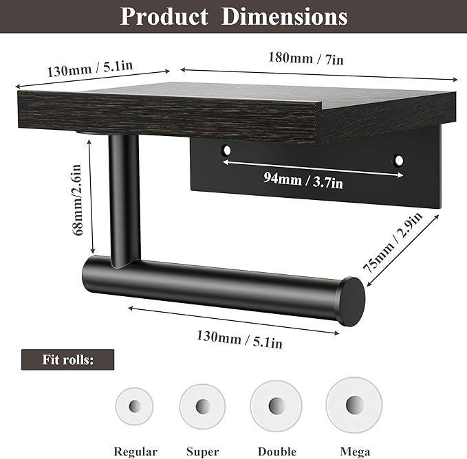Tindbea Toilet Paper Holder with Wood Shelf, Wooden Wall Mount Tissue Paper Roll Holder, Matte Black Stainless Steel Bathroom Accessories Decor for Household Home Apartment Restroom Essential (Wenge)