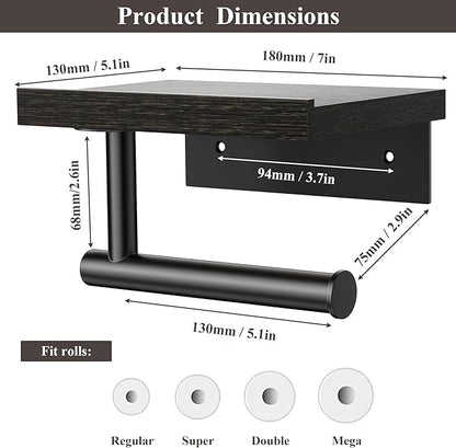 Tindbea Toilet Paper Holder with Wood Shelf, Wooden Wall Mount Tissue Paper Roll Holder, Matte Black Stainless Steel Bathroom Accessories Decor for Household Home Apartment Restroom Essential (Wenge)