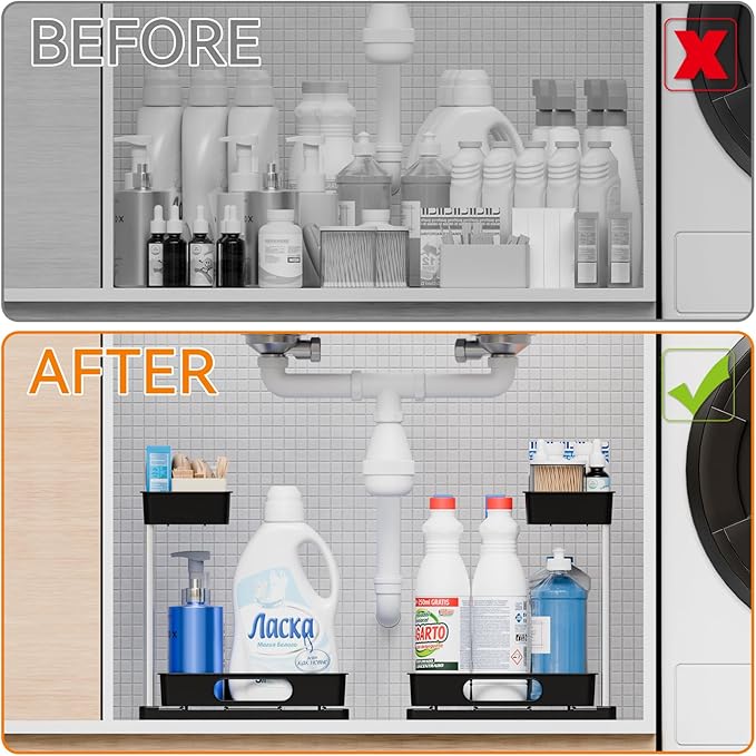 Yieach 2 Pack Under Kitchen Cabinet Storage,14.5 Inch Deep Black Under Sink Storage Rack for Apartments and Small Space,Two Tier Undersink Pull Out Organizer Drawers & Bathroom Cabinet Organization