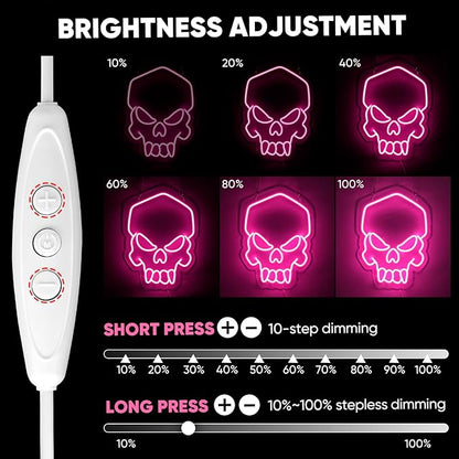 Dimmable Skull Neon Sign,Halloween Pink Neon Sign Light for Wall Decor, Skeleton LED Neon Sign for Beer Bar Bedroom Art,Skull Head Neon Lights Suitable for Computer Room, 5V USB Power 15.75 * 11.8in