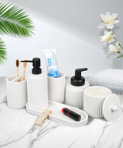 White Bathroom Accessory Set - 6 Pcs: Toothbrush Holder, Lotion & Foaming Soap Dispensers, Qtip Holder, Vanity Tray, Bathroom Tumbler, Countertop Organizer