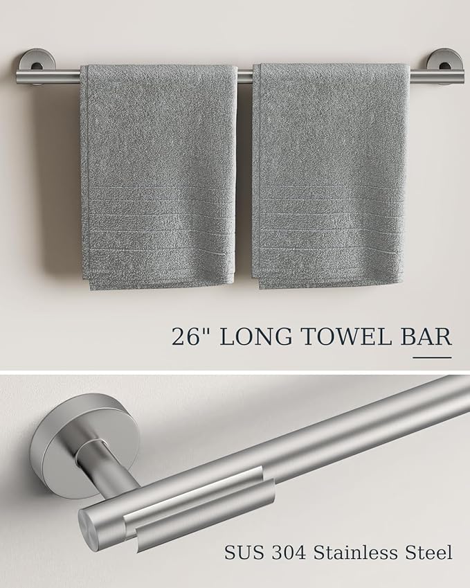 Brushed Nickel Bathroom Accessories Set, SUS304 Stainless Steel 5 Pieces Bathroom Hardware Set, 26 Inch Bath Towel Bar Set, 2 Towel Hooks, Toilet Paper Holder, Towel Racks for Bathroom Wall Mounted