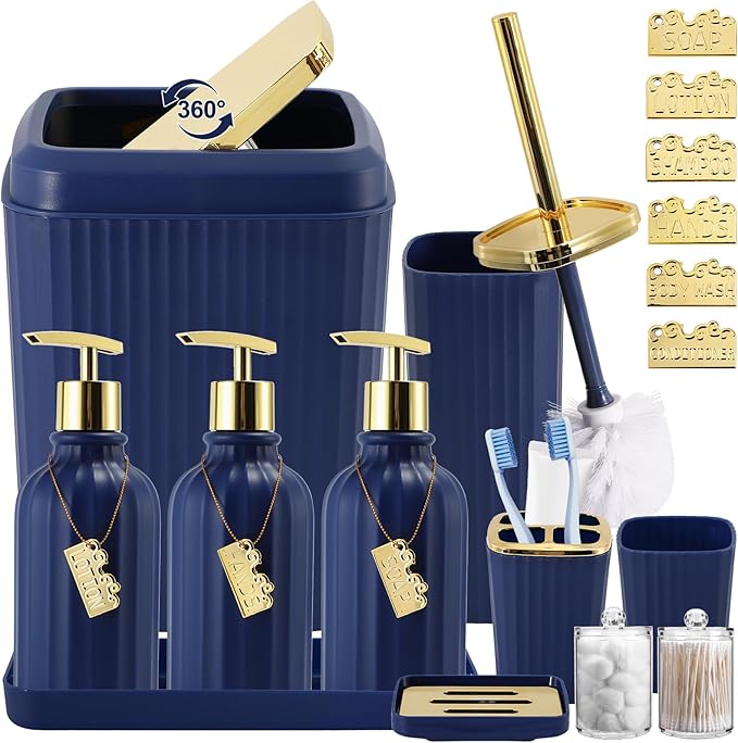 17PCS Bathroom Accessory Set Bathroom Set Navy Blue Bathroom Accessories,Toilet Brush, Trash Can, Qtip Holder Dispenser& 3PCS Soap Dispenser