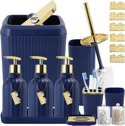 17PCS Bathroom Accessory Set Bathroom Set Navy Blue Bathroom Accessories,Toilet Brush, Trash Can, Qtip Holder Dispenser& 3PCS Soap Dispenser