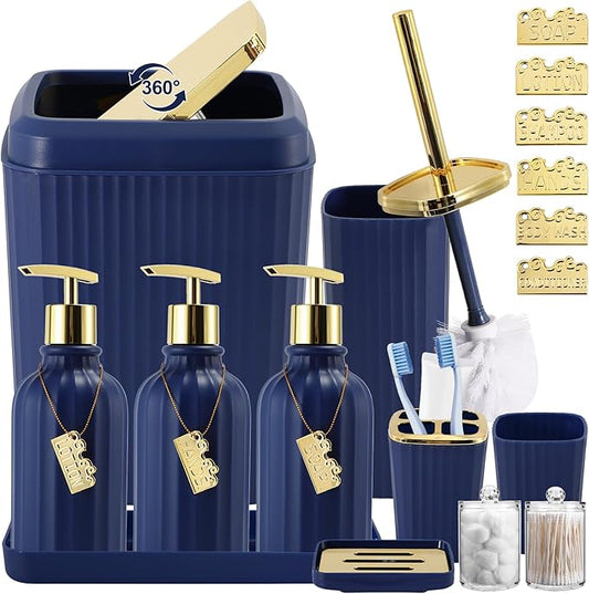 17PCS Bathroom Accessory Set Bathroom Set Navy Blue Bathroom Accessories,Toilet Brush, Trash Can, Qtip Holder Dispenser& 3PCS Soap Dispenser