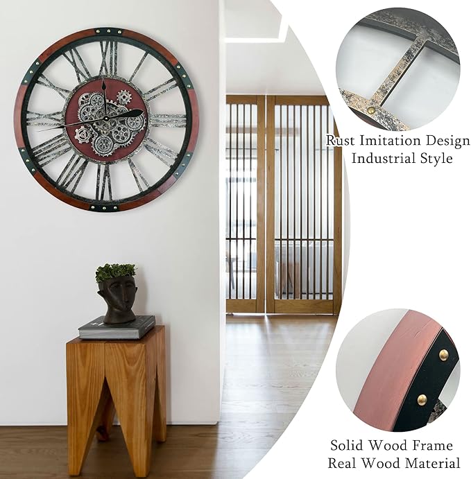 30Inchs Moving Gears Wall Clock, Oversized Wall Clocks, Clock Living Room Decor, Solid Wood Frame, Battery Operated, Large Wall Clock with Steampunk Industrial for Fireplace(Black Walnut)