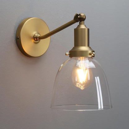 PERMO Industrial Vintage Slope Pole Wall Mount Single Sconce with 6.7" Oval Dome Clear Glass Shade Wall Sconce Light Fixture (Antique Gold)