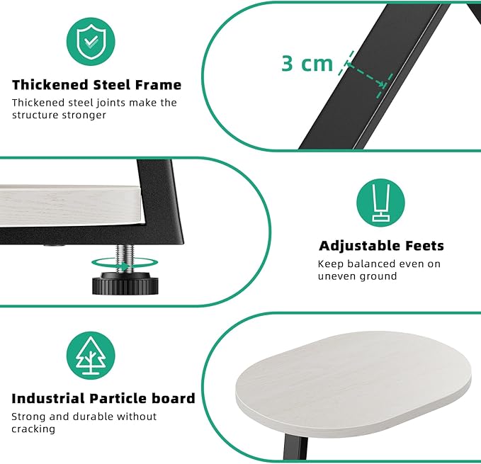 Side Table, Small End Table with Metal Frame, 3-Tier Bedside Tables, Round Side Tables for Living Room Bedroom Couch Bathroom, Oval, White Maple