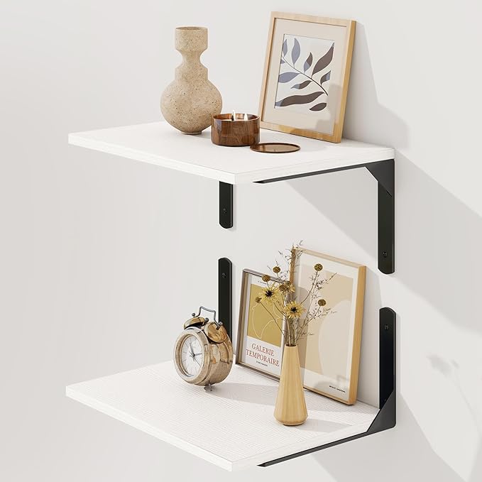 16" W x 12" D White Floating Shelves for Wall, 12 Inch Deep Floating Shelf with Visible Bracket, Rustic Wood Bookshelf Wall Mounted, Deep Bathroom Shelves for Storage, Set of 2