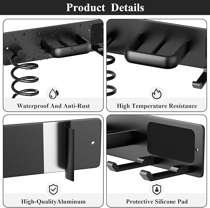 Tindbea Hair Dryer Holder Curling Iron Holder Flat Iron, Blow Dryer Holder Wall Mount, 3 in 1 Bathroom Hair Tool Organizer Rack for Universal Dryer, Matte Black