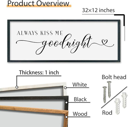 SRSZHIYUE Always Kiss Me Goodnight Sign Wall Decor Art for Master Bedroom Above Bed 32"×12" Large Wood Framed Wall Hanging (Black)
