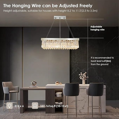 Siljoy 6-Light Modern Crystal Chandelier for Dining Room, Rectangular K9 Crystal Raindrop Chandelier, Rectangle Pendant Ceiling Light Fixture for Living Room Kitchen Island L31.5'' x W10'' x H10''