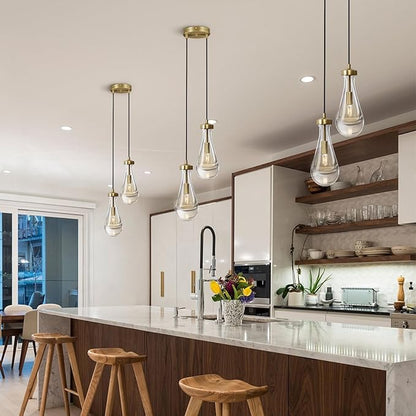 Brass Raindrop Pendant Lights Kitchen Island 2-Light, Cluster Gold Pendant Light Fixture for Bedroom, Dimmable Dining Room Light Fixture Hanging Pendant Lighting Ceiling Chandelier for Foyer