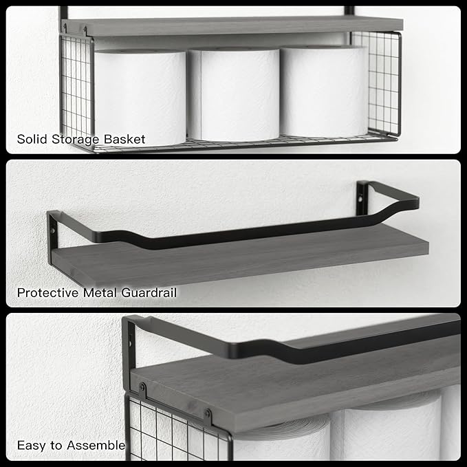WOPITUES Floating Shelves with Wire Storage Basket, Bathroom Shelves Over Toilet with Protective Metal Guardrail, Wood Wall Shelves for Bathroom Organizers and Storage, Toilet Paper- Gray
