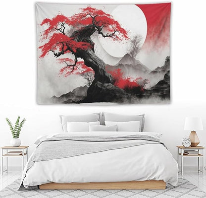 Cherry Blossoms Tapestry,Japanese Red Landscape Asian Watercolor Abstract Art Tapestry,Japanese Wall Tapestry, Nature Landscape Tapestries for Bedroom Living Room Decor 80"x60"