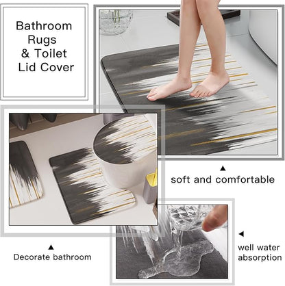 32PCS Bathroom Sets with Shower Curtain and Rugs-Grey Bathroom Accessories,Non Slip Bathroom Rugs Set with Toilet Lid Cover, Waterproof Shower Curtain, 3PC Soap Dispenser with Trash Can