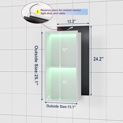 Stainless Steel Shower Niche 12" X 24", No Tile Needed Wall Niche with RGB Led Light, Recessed Shower Shelf for Bathroom Storage Over Mount Installation, Matte White