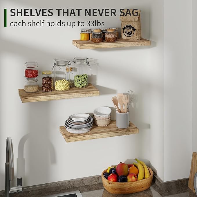 Wood Floating Shelves for Wall Set of 3, 17 Inch Wide Rustic Wooden Floating Shelves, Invisible Wall Mounted Display for Living Room Bedroom Kitchen Bathroom Office, Carbonized Black