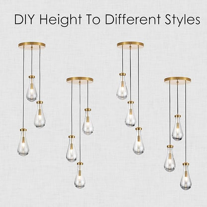 3-Light Raindrop Pendant Light Fixtures, Brass Glass Pendant Lighting, Teardrops Modern Hanging Light for Entryway Foyer Kitchen Island Dining Living Room Hallway