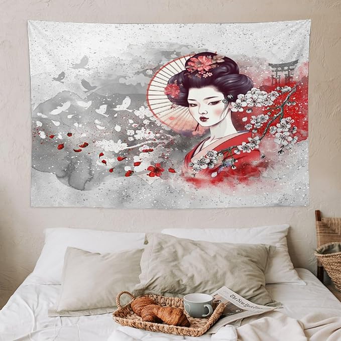 Japanese Geisha Tapestry Asian Red Cherry Blossom Traditional Kimono Folk Tapestries Home Decor for Living Room Bedroom Apartment Farmhouse Dorm 60"x40"