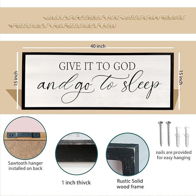 comurdyo Give It To God And Go to Sleep Sign 40''×15'' Master Bedroom Above Bed Wall Decor Wood Framed Couple Large Farmhouse Guest Room Rustic Simple Over Bedside Wall Art Hanging Decor (Black)